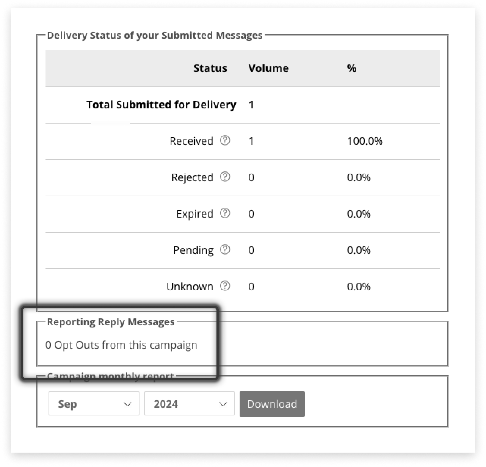 Black and white screenshot of reports tab opt-out counter in campaign manager