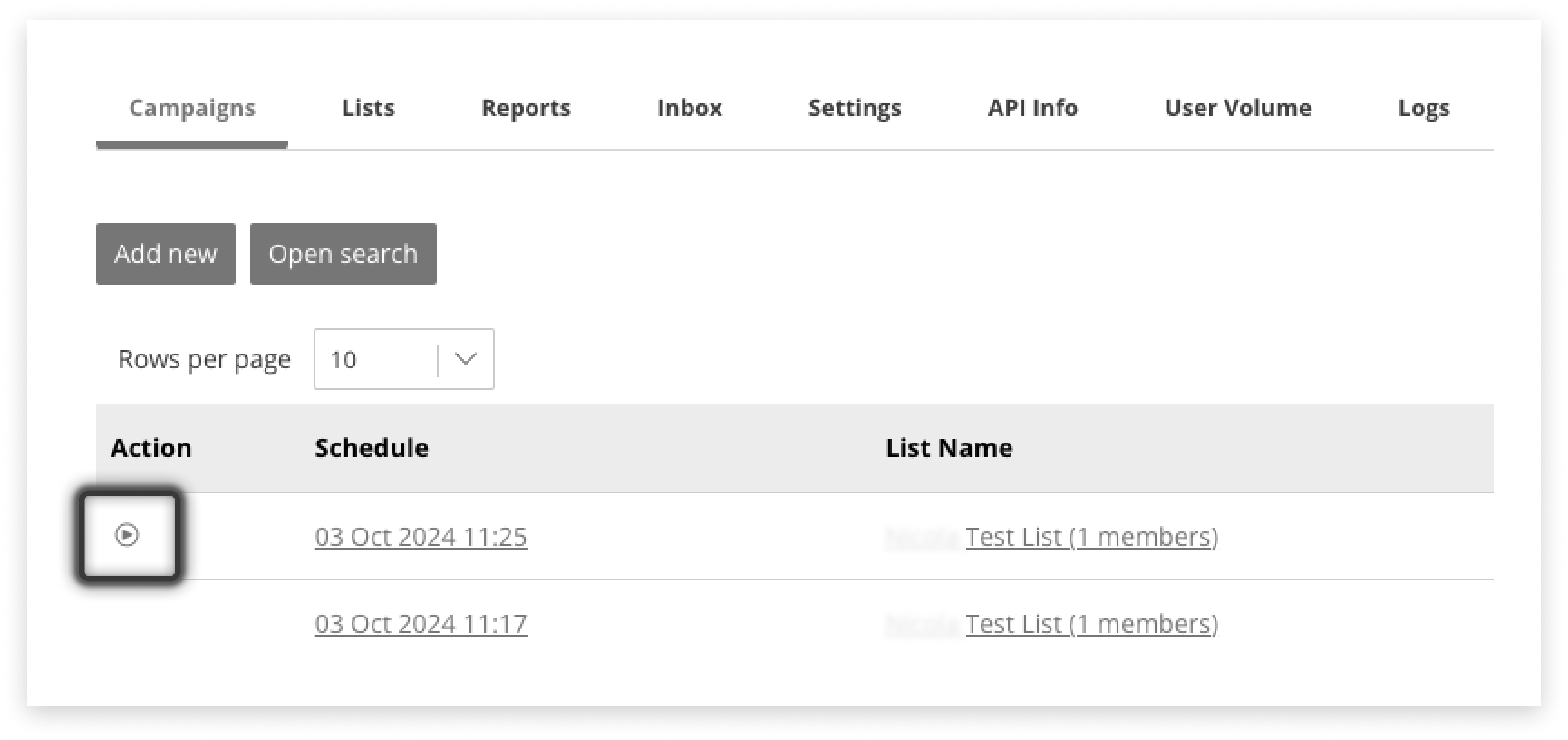 Black and white screenshot of the small play button that sends messages immediately in campaign manager
