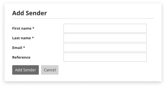 Black and white screenshot of Add Sender settings inside Sender tab of E2S