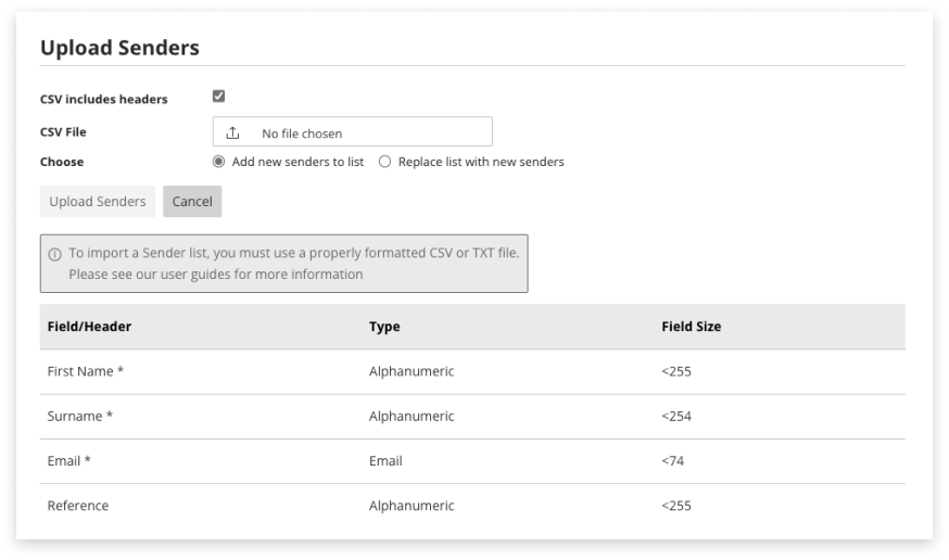 Black and white screenshot of Upload Sender settings inside Sender tab of E2S