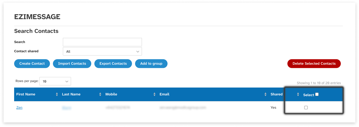 colourful screenshot of what to click to select then delete a contact in EziMessage