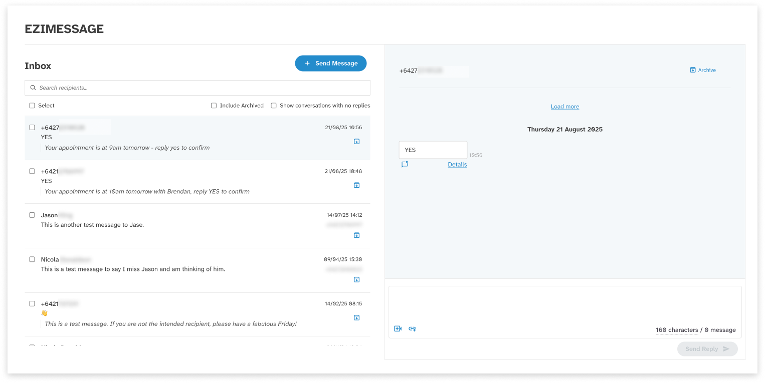 colourful screenshot showing the inbox in EziMessage