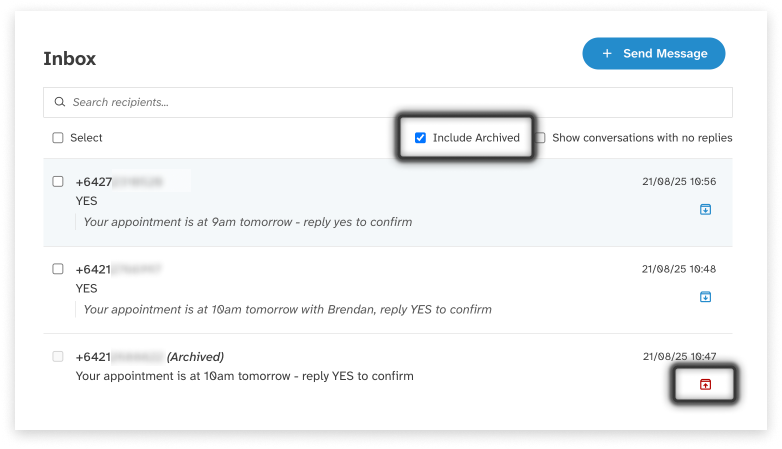 colourful screenshot showing the 'include archived' checkbox and 'unarchive' icon in EziMessage