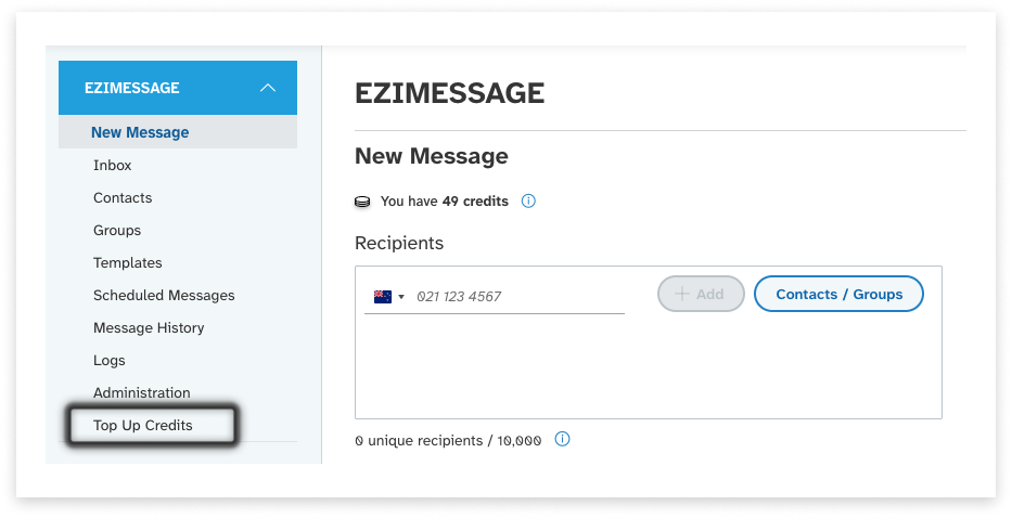 colourful screenshot showing options to add recipients when sending a New Message under EziMessage