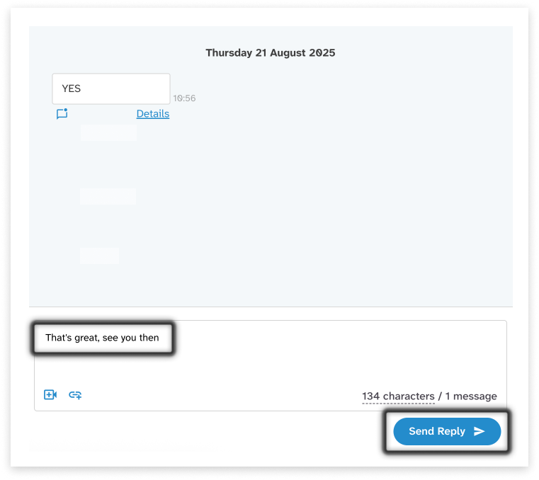 colourful screenshot showing the conversational response box and reply button in EziMessage