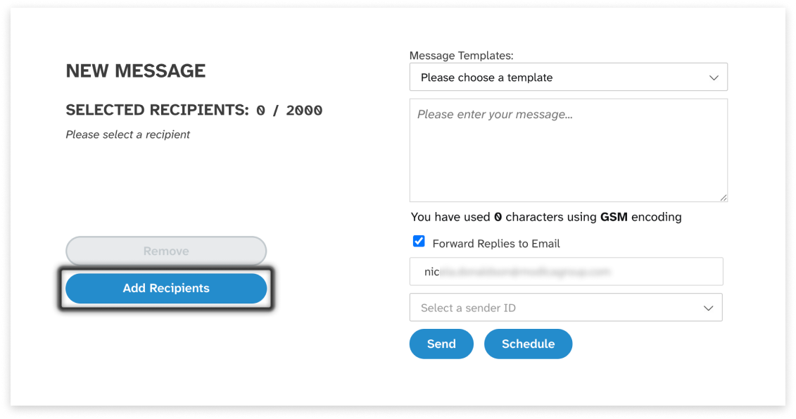 colourful screenshot showing where to add recipients when sending a New Message under EziMessage
