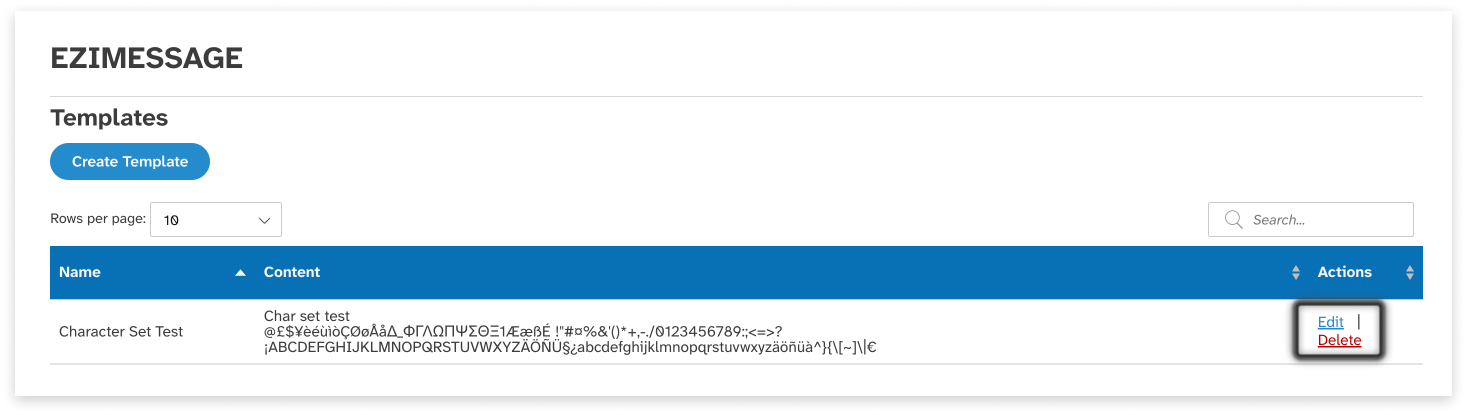 colourful screenshot showing what to click to edit or delete templates in EziMessage