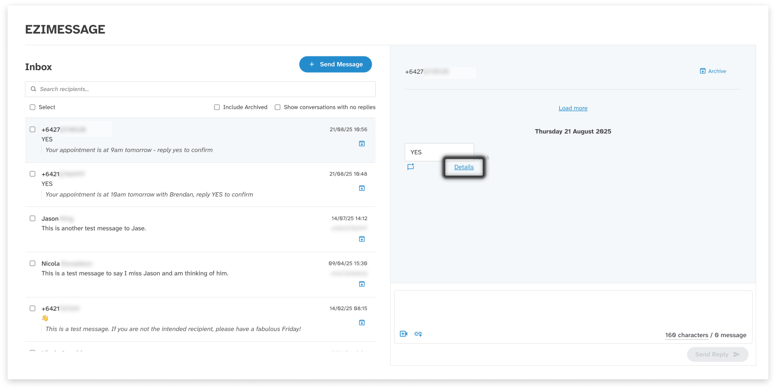 colourful screenshot showing where to access message history from the inbox in EziMessage