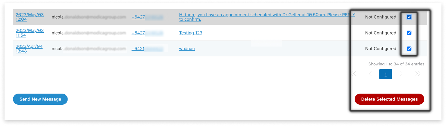 colourful screenshot showing the delete button down the bottom of message history in EziMessage