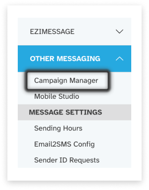screenshot of Optus SMS account main side-menu with 'Other Messaging' open and 'Campaign Manager' highlighted