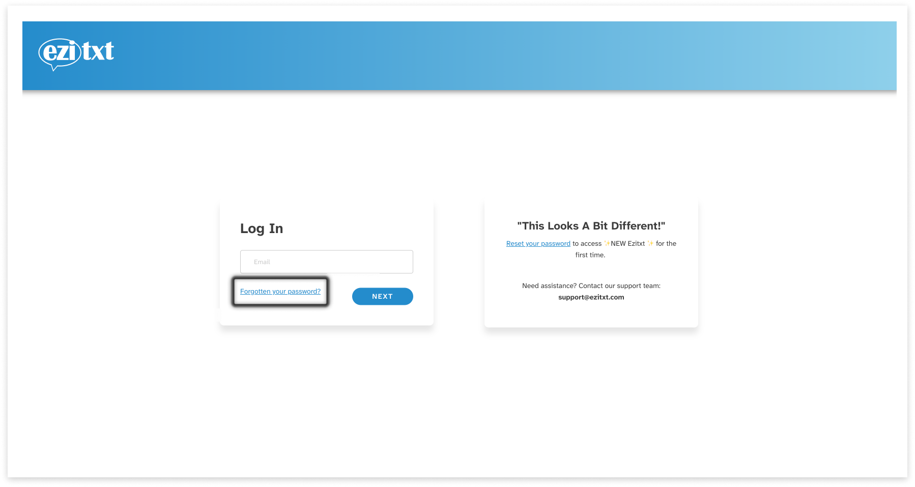 colourful screenshot of Ezitxt login